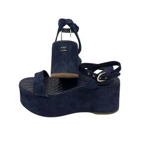Chanel Suede Calfskin Platform Wedge Sandals Blue Size 39